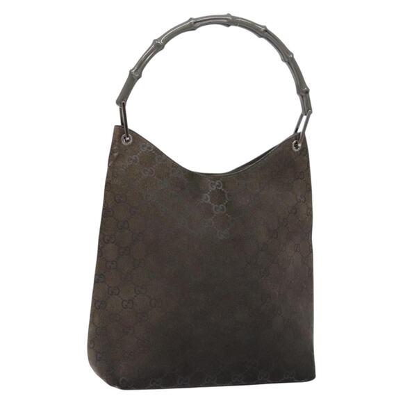 GUCCI GG Canvas Bamboo Shoulder Bag Suede Gray Silver 001 1705 001 1705 - Picture 1 of 16